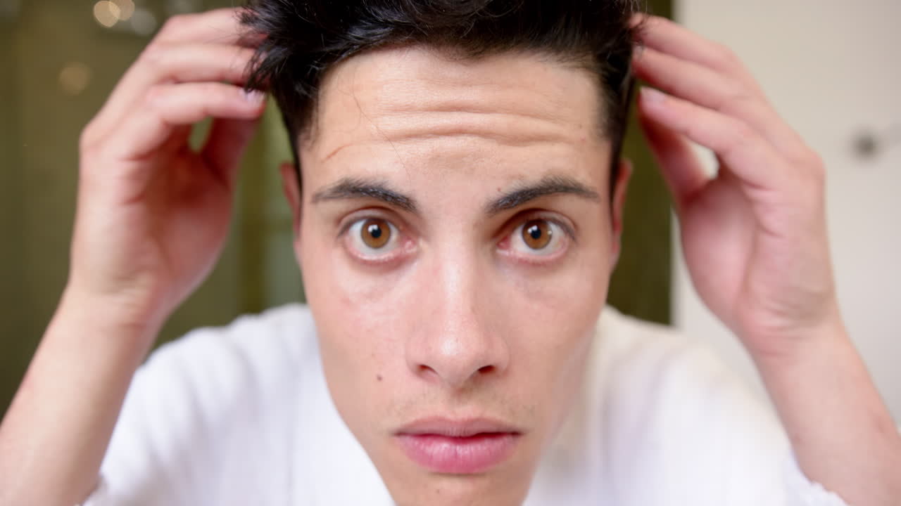 화장실 거울에 반사되고 미소 짓고, 느린 동작으로 머리카락과 얼굴을 검사하는 행복한 두 인종의 남자