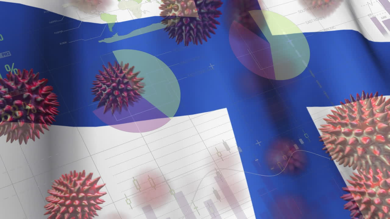 맥로 코로나 바이러스가 핀란드 국기를 배경으로 퍼져나가고 있습니다.