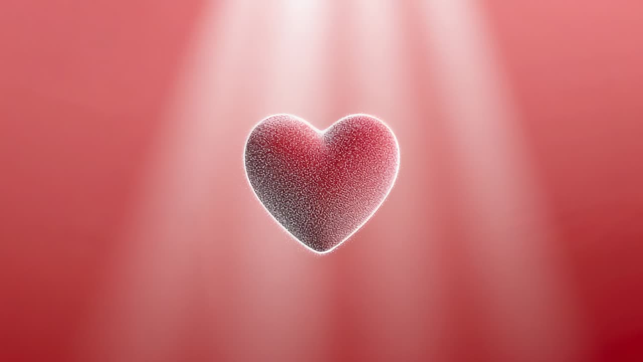 Floating 3D red heart growing and drifting with light beams brightening, revealing frosted texture