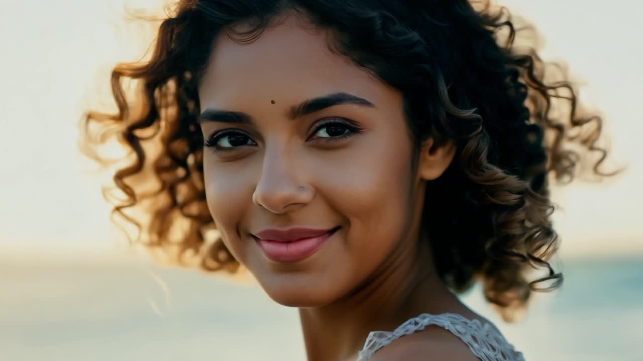 Retrato de uma jovem sorridente com cabelos encaracolados