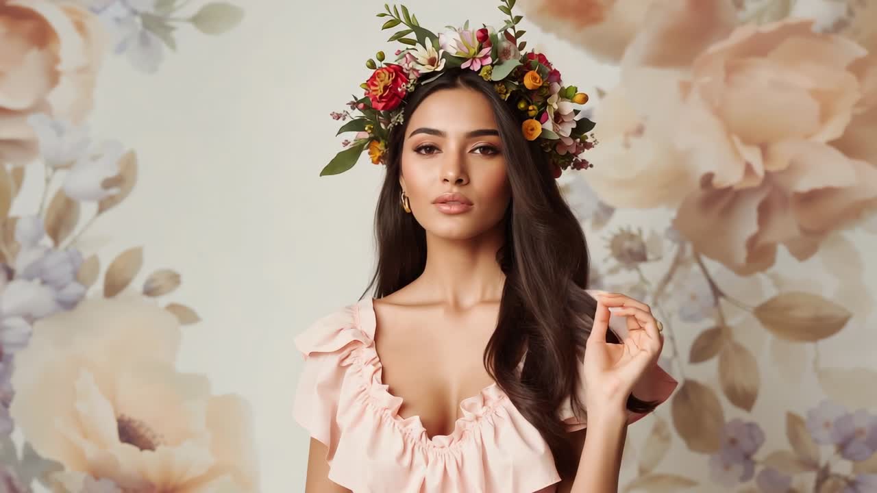 Touching hair model shifting gaze in studio with floral backdrop, pastel dress and flower crown