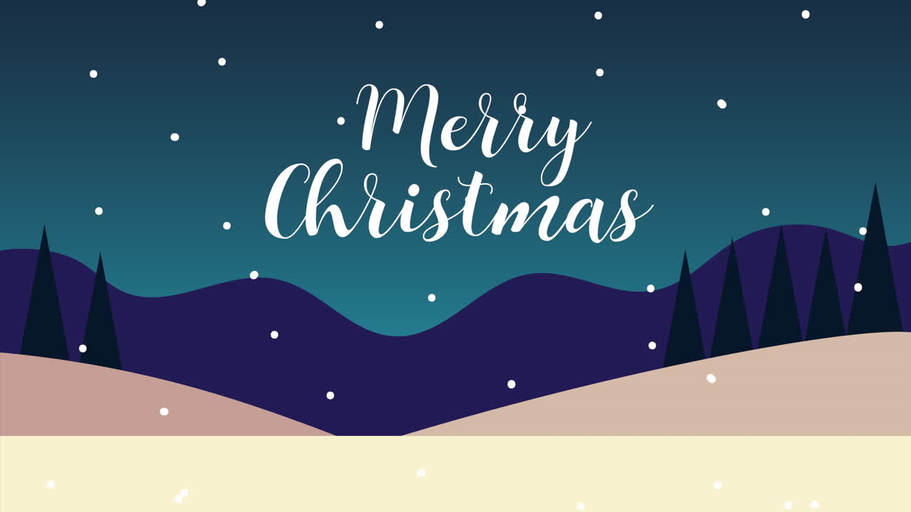 행복한 크리스마스 풍경 장면과 함께 글자 애니메이션