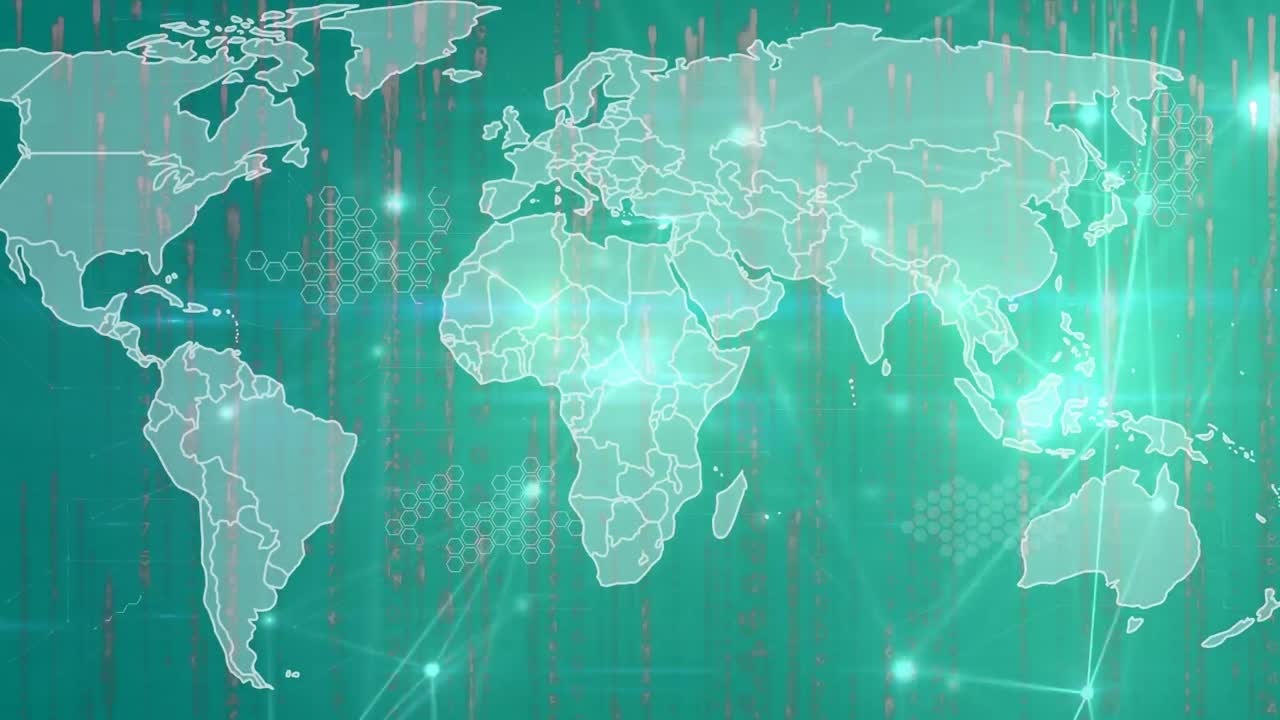animación del mapa del mundo, conexiones y luces sobre fondo verde