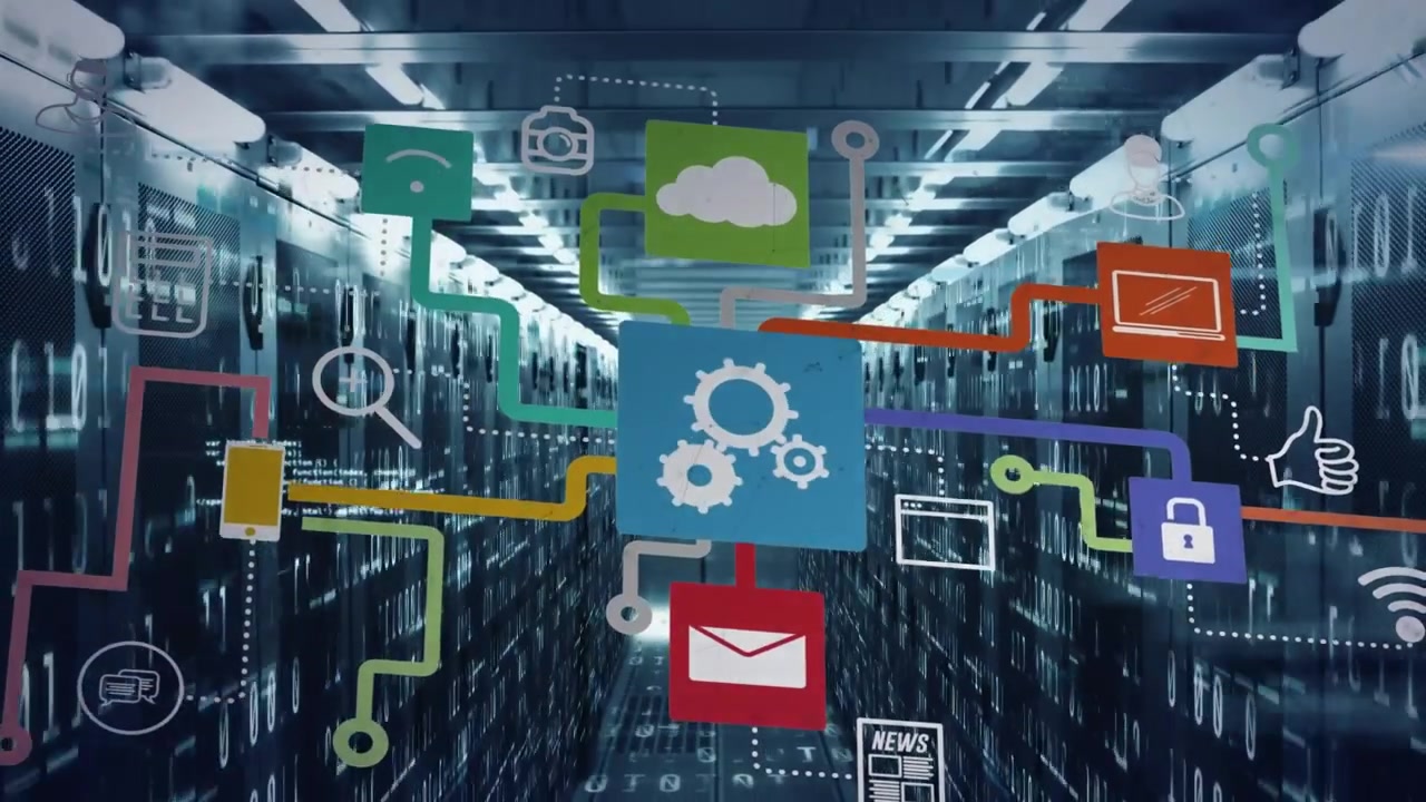 Animation of application icons forming flow chart, computer language, binary codes over server room