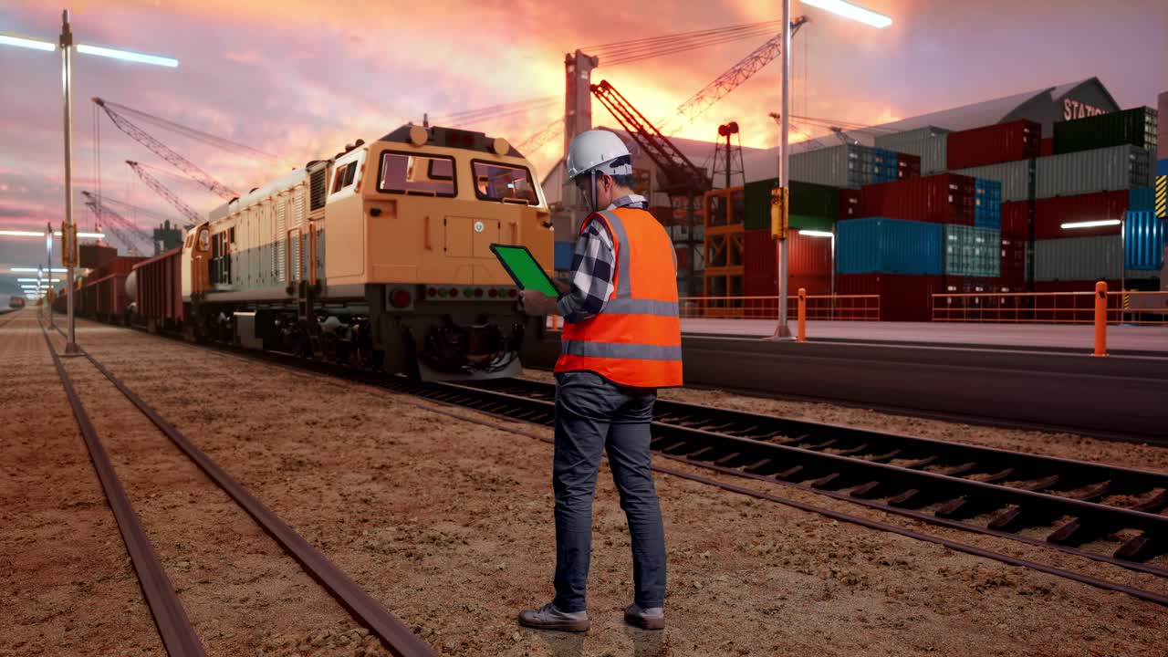Full Body Back View Of Asian Male Engineer With Safety Helmet Working On A Green Screen Tablet And Looking Around While Standing With Freight Cargo Train At Port
