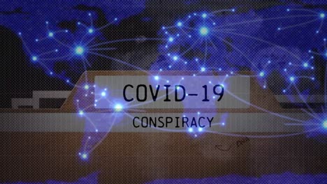 animación de un archivo con escrito covid-19 conspiración sobre el mapa del mundo con puntos brillantes conectados