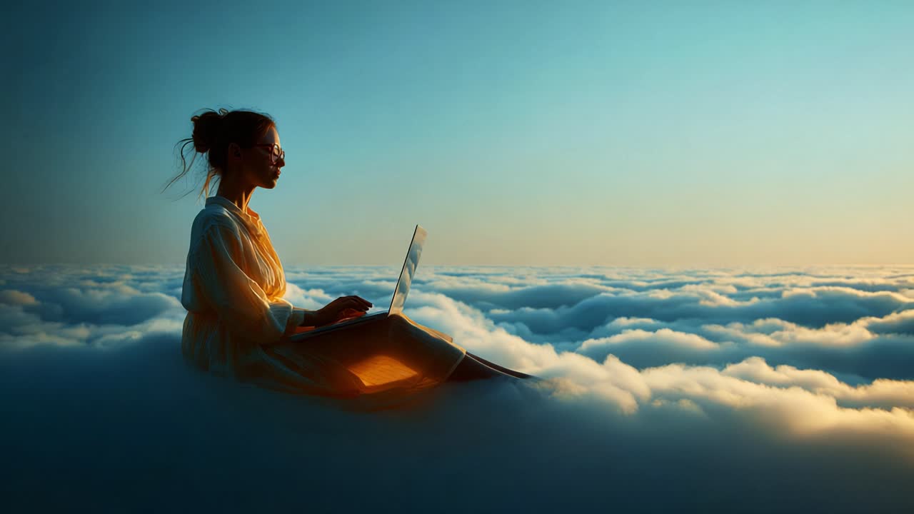 A woman immersed in creativity, typing on her laptop while seated among soft clouds, capturing a moment of serene inspiration high above the ground in a tranquil sky setting