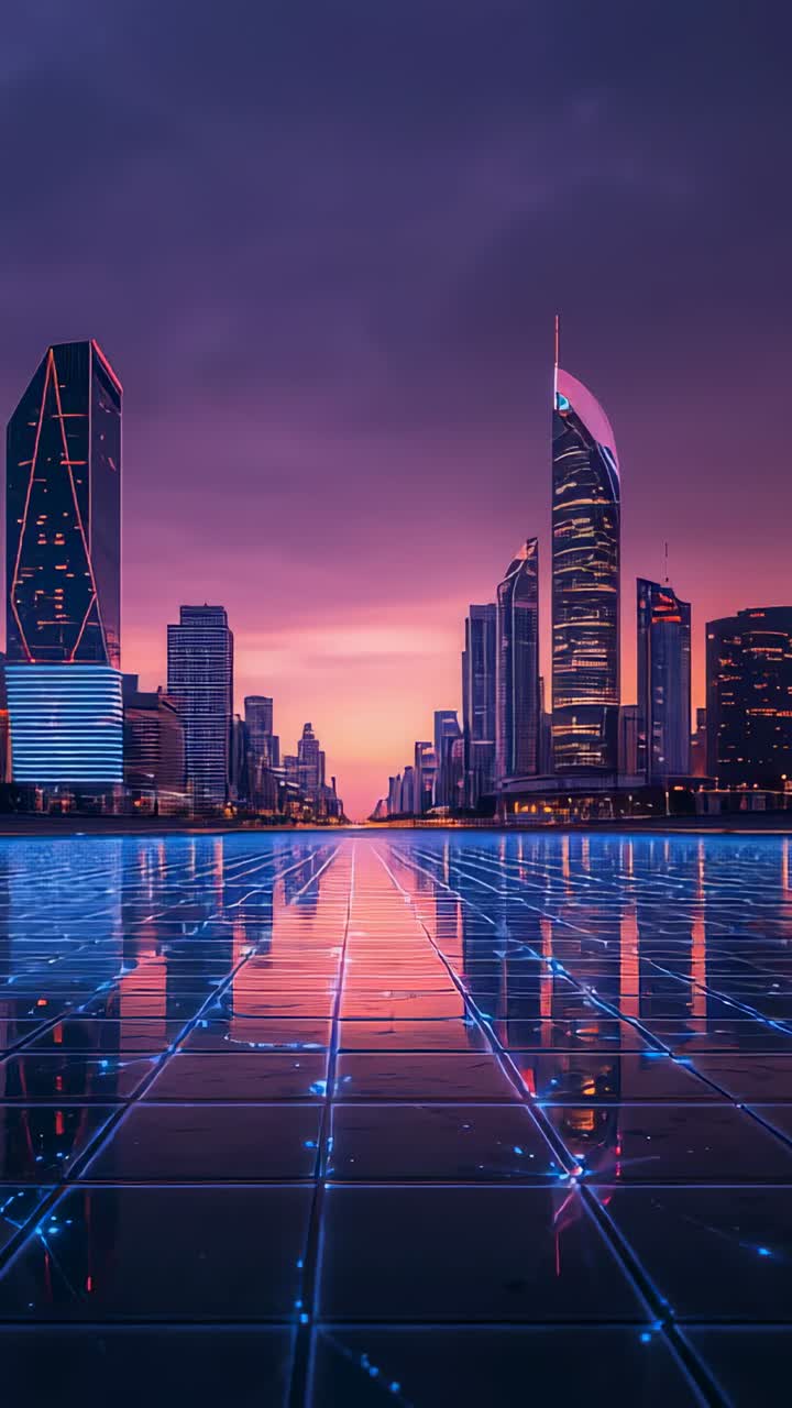 Vídeo vertical: grade de gravação do chão refletindo o pôr do sol desaparecendo em torres neon brilhantes na praça