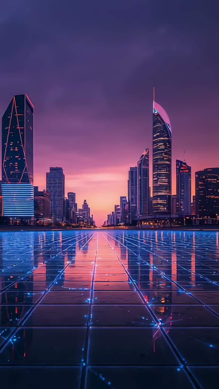 Vídeo vertical: grade de gravação do chão refletindo o pôr do sol desaparecendo em torres neon brilhantes na praça