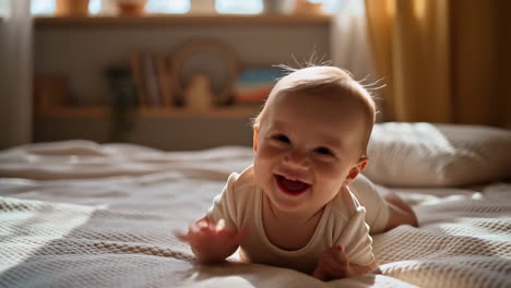 happy baby smiling and playing on bed in sunlight