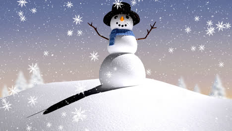 Snowflakes-falling-over-snowman-on-winter-landscape-against-gradient-purple-background