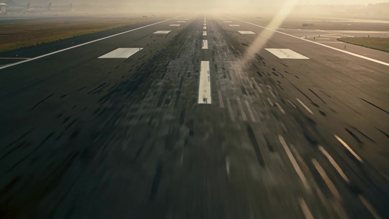Telecamera in movimento che riprende la linea centrale della pista e le barre di atterraggio durante la corsa di decollo, mostrando un bagliore solare