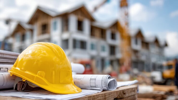 Een boeiende blik op de bouw: gele helm en bouwtekeningen tegen de achtergrond van moderne woningbouw.