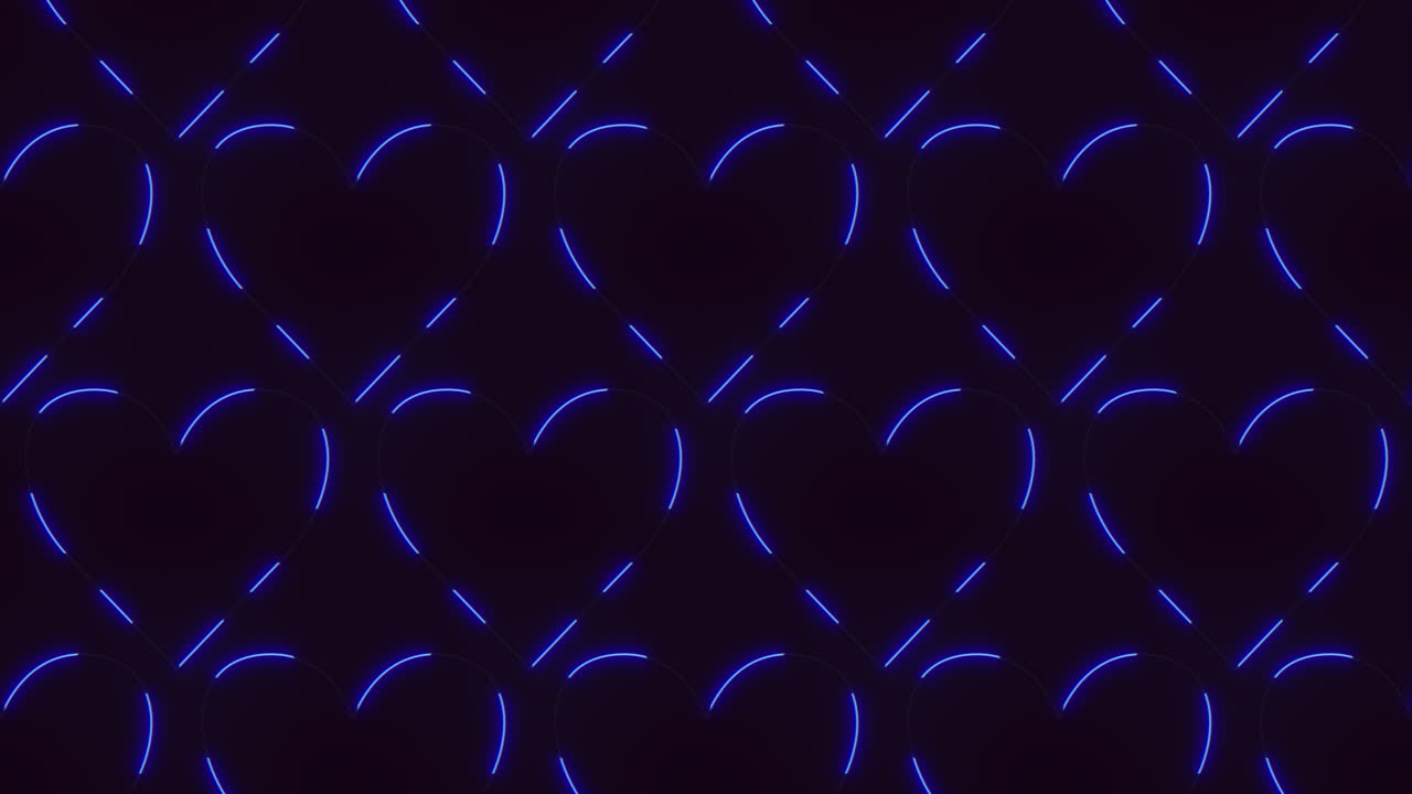 Glowing blue neon heart pattern background, romantic love wallpaper footage loop
