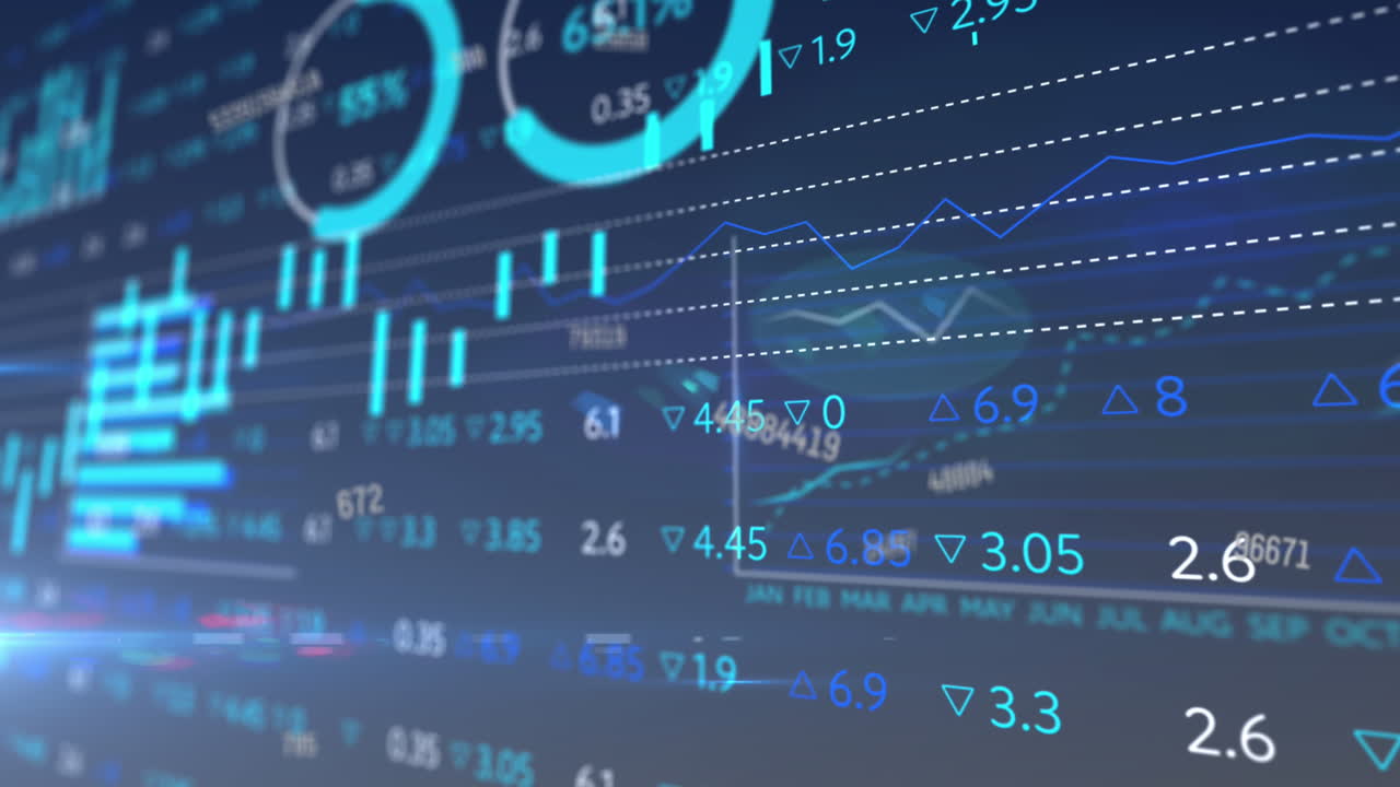 animación de números cambiantes sobre el procesamiento de datos estadísticos y bursátiles en fondo azul