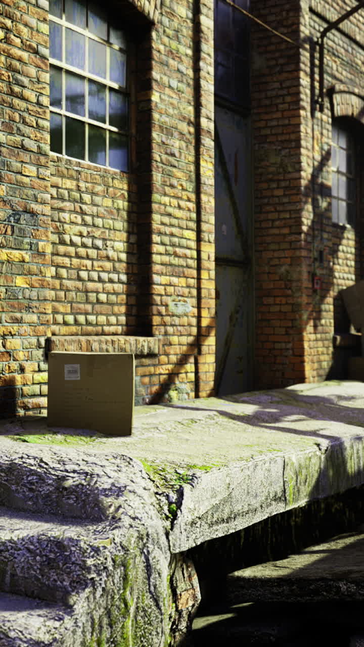 Urban industrial setting with weathered brick buildings and scattered debris