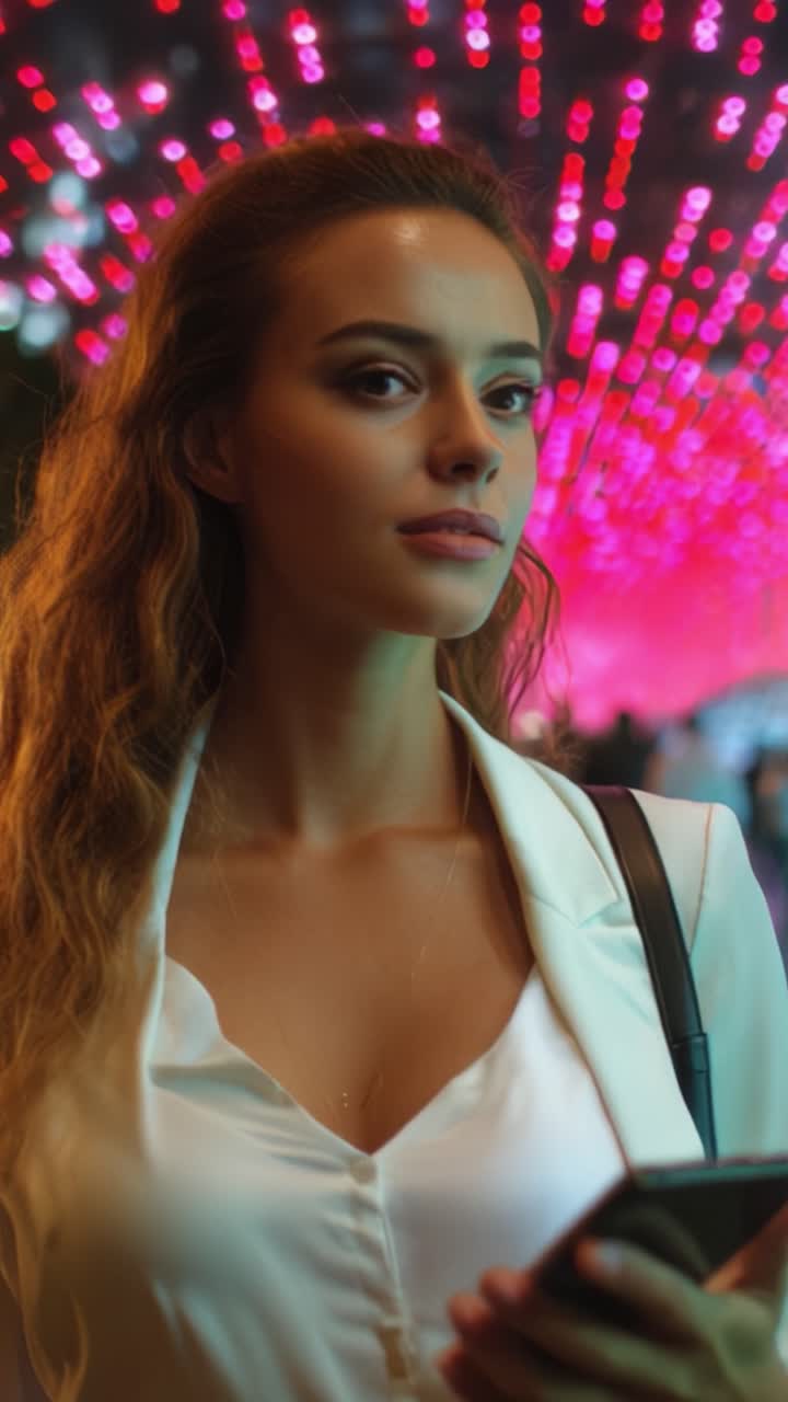 Un Momento Pensieroso: Una Donna in Camicetta Bianca Guarda Intenzionalmente il Suo Telefono Sotto Luci Colorate in un'Atmosfera Vibrante.