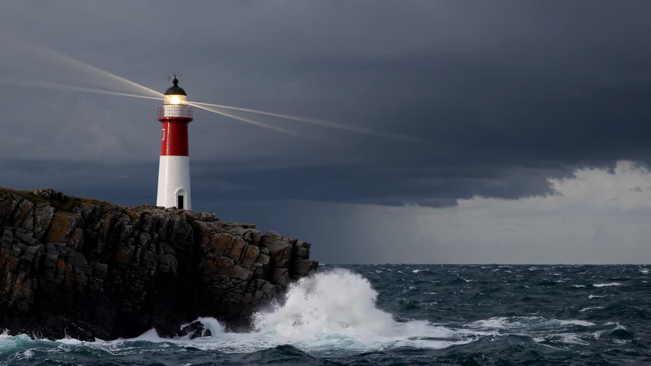Dramatic video still of a lighthouse on a rocky coast, captured from a low angle, with stormy skies