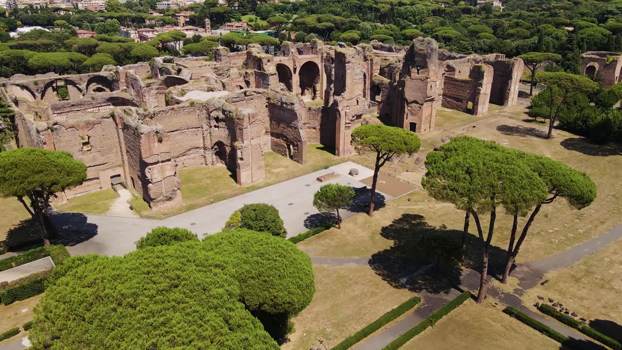 Ancient Roman thermal baths in Rome, grand arches, historic stone walls in view