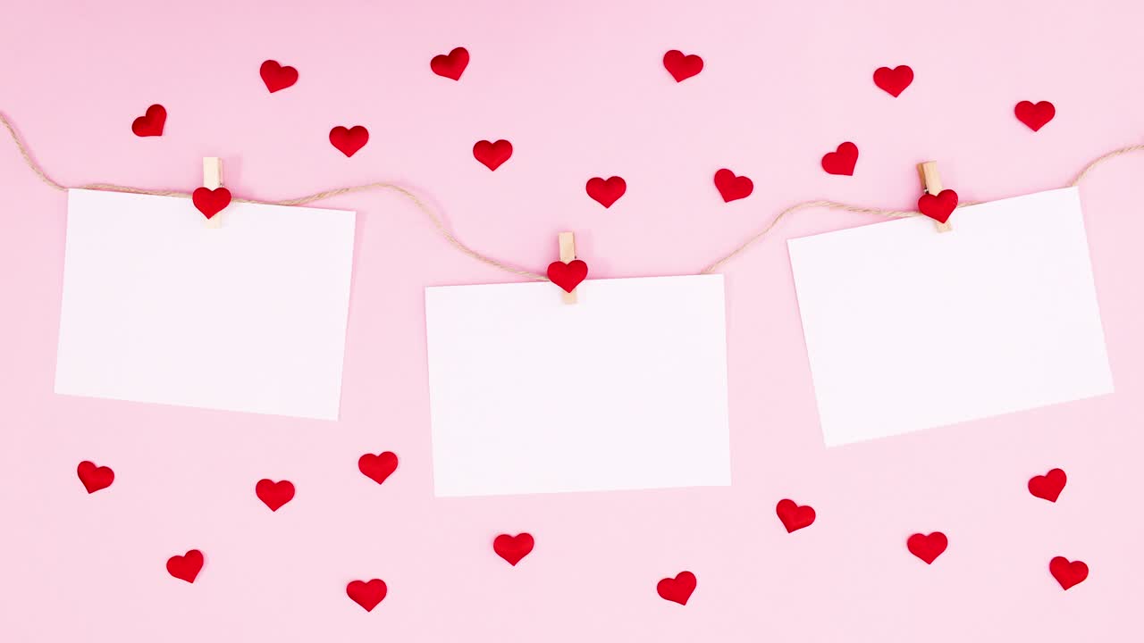 발렌타인 데이에 줄에 매달린 종이를 중심으로 움직이는 심장.