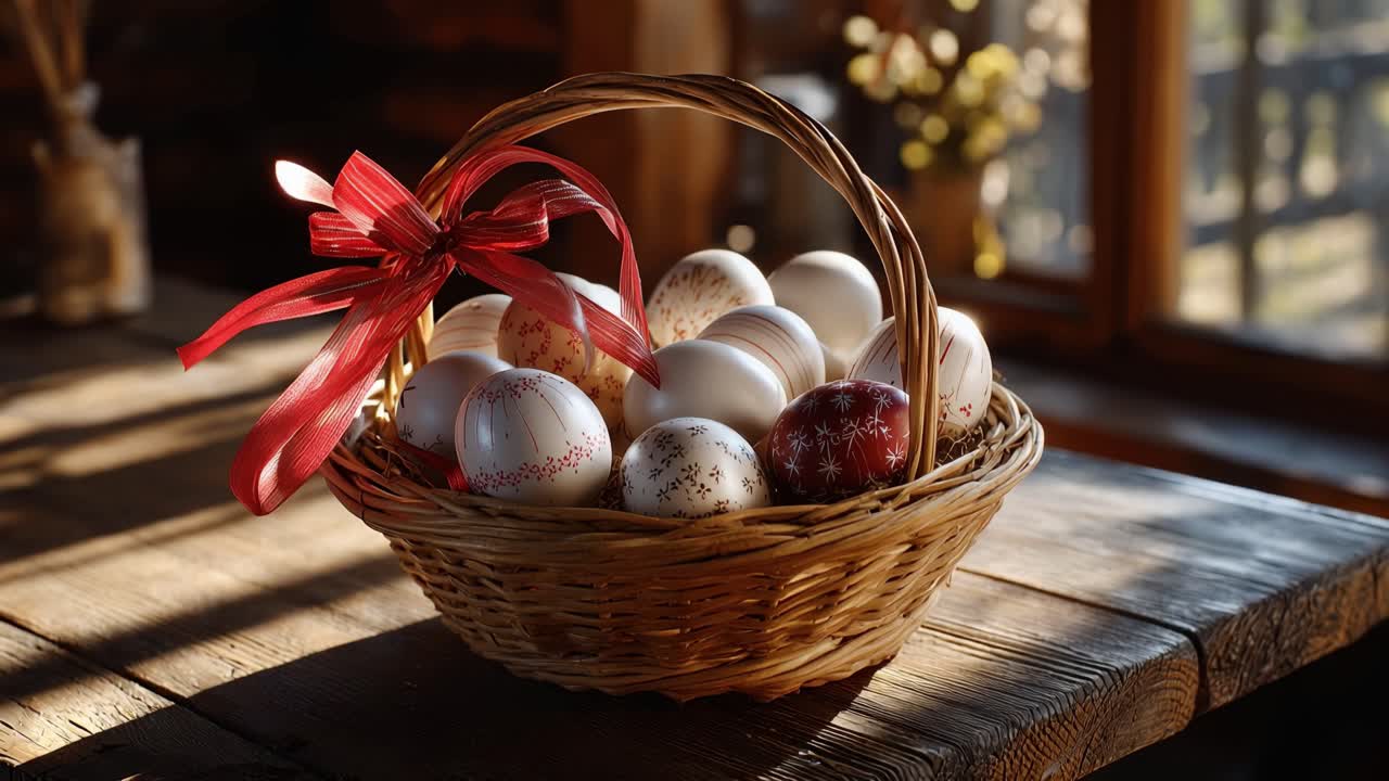 Warm light spills across a wooden table. Woven basket holds painted eggs. Red ribbon ties the basket's handle. Sunlit shadows frame the rustic scene. Easter stillness radiates from the setting