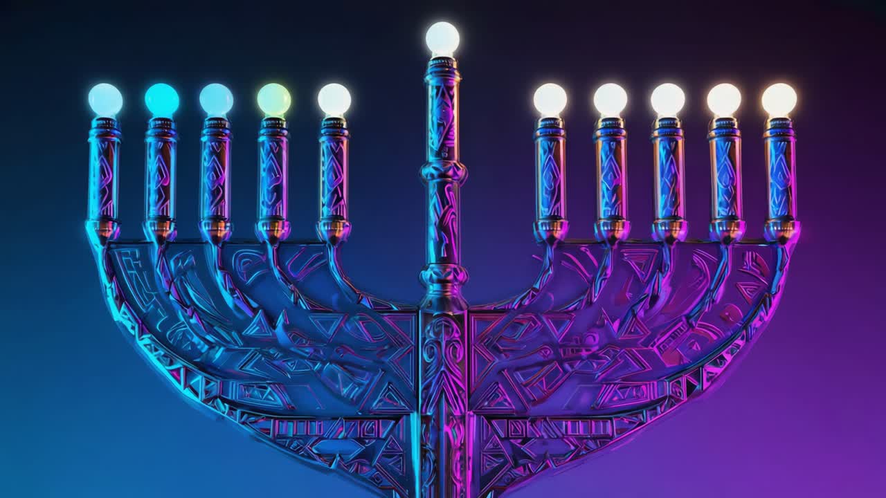 A festive menorah with lit candles for Hanukkah