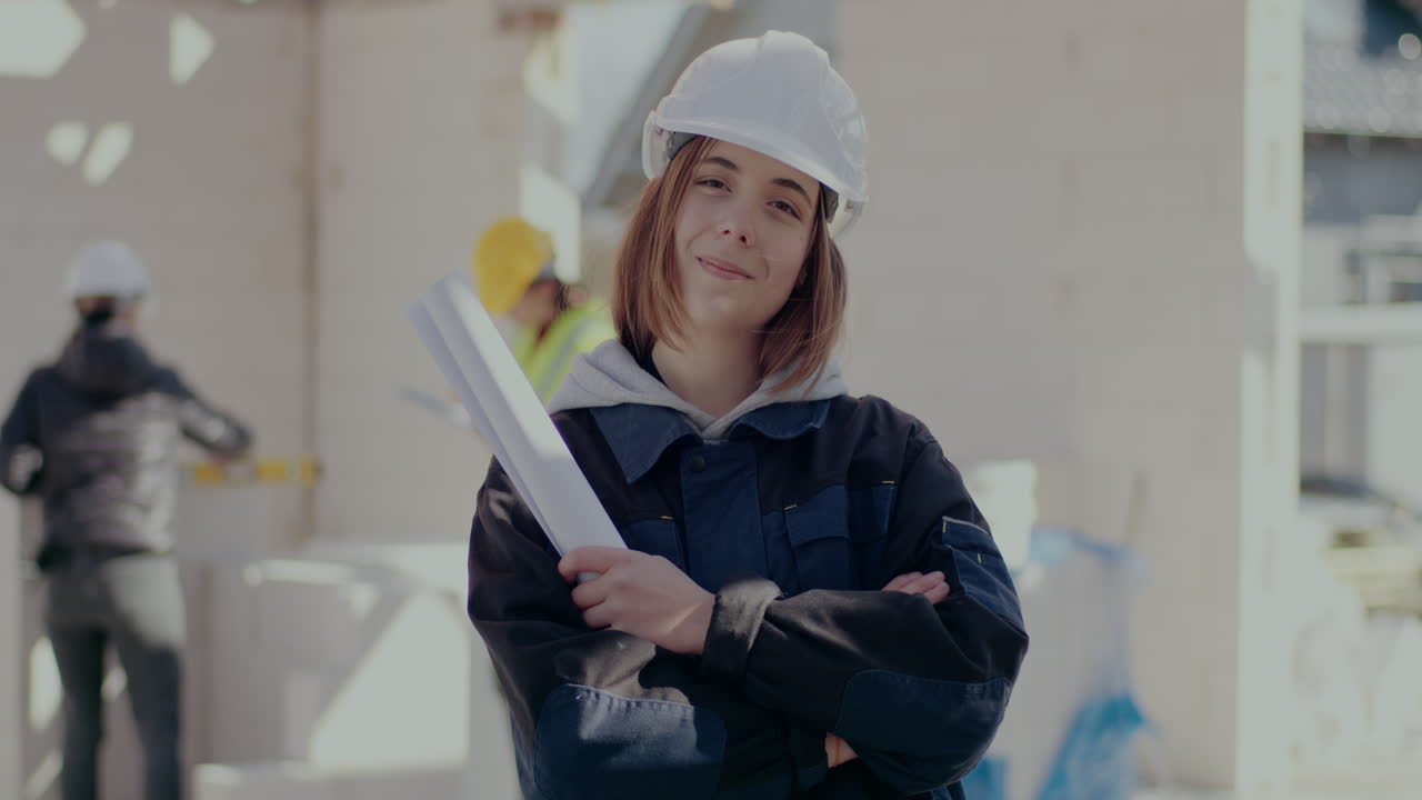 Portrait of confident young female architect wearing white hardhat holding blueprint while standing with arms crossed at construction site