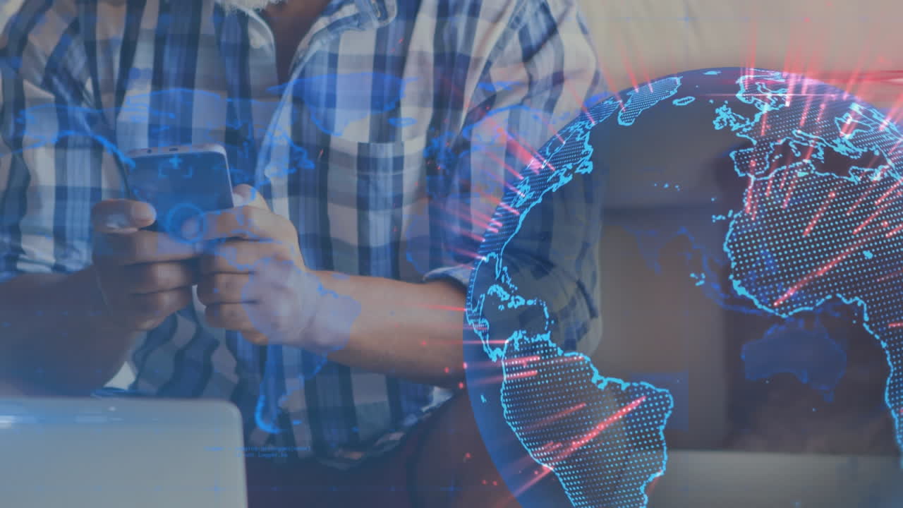 animación del globo de conexiones sobre el hombre usando un teléfono inteligente