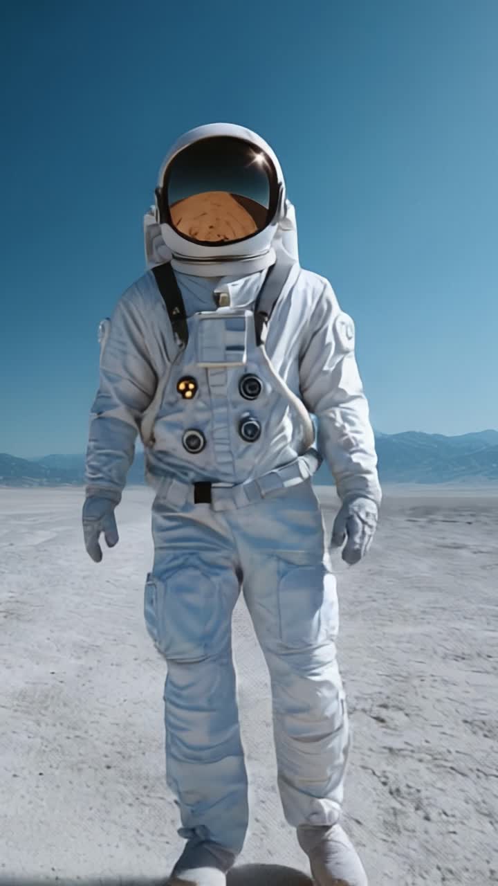 Un astronauta cammina con sicurezza attraverso un paesaggio brullo, mettendo in mostra una tecnologia avanzata per tute spaziali contro un cielo aperto mozzafiato e montagne lontane.
