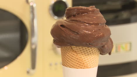 chocolate ice cream in a waffle cone