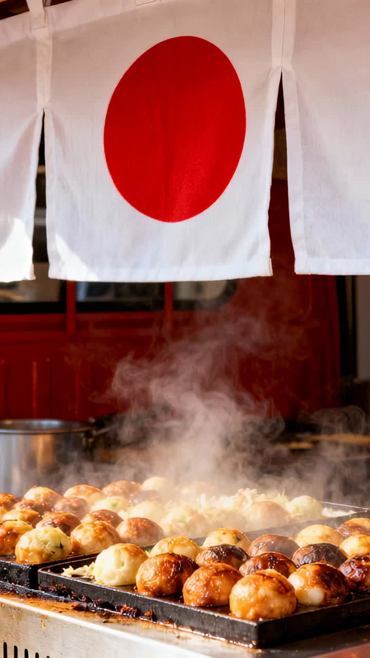 Vertikal video: En varm bageplade får takoyaki-kugler til at blive brune ved en gadebod, og damp stiger op.