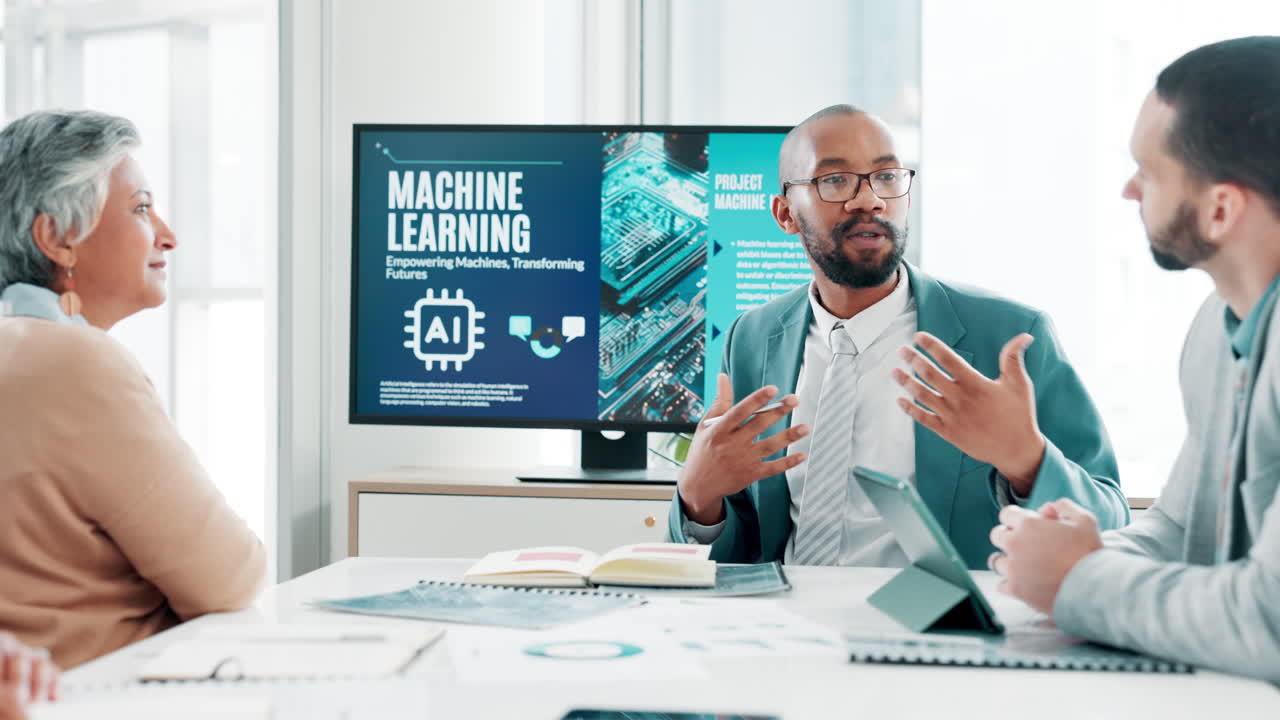 A group of colleagues discussing machine learning and artificial intelligence in a business meeting