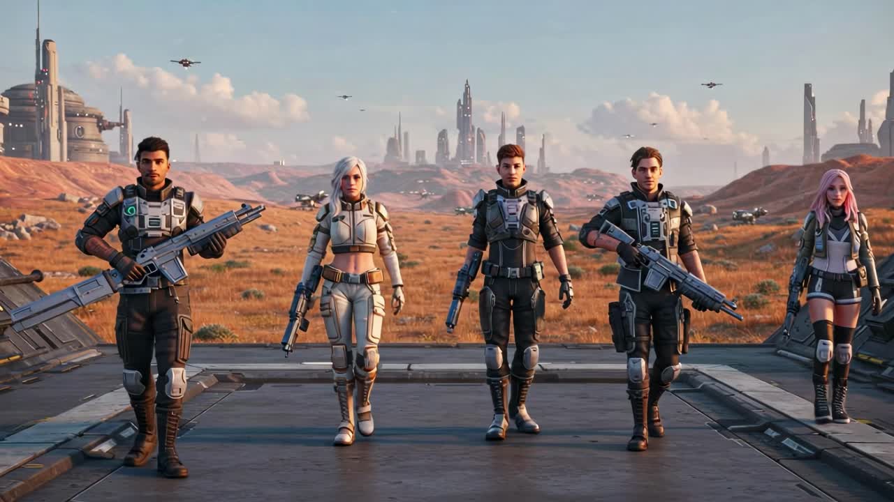 Exploring futuristic landscapes with a team of advanced warriors in a sci-fi setting during bright daylight