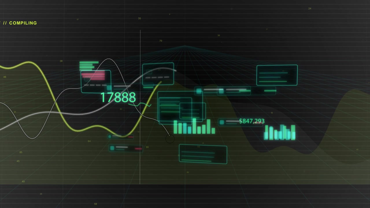 Floating HUD compiling after or COMPILING nodes fading trend lines sweeping showing data