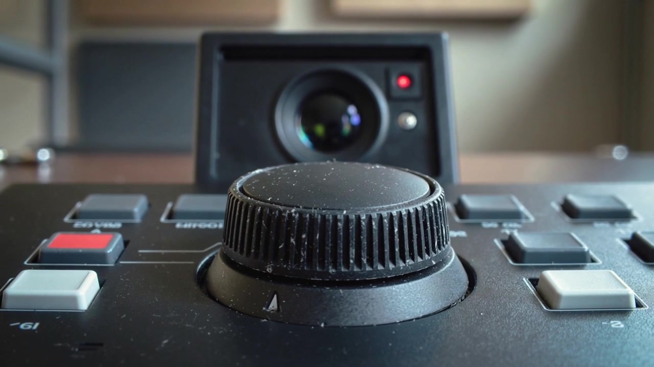 Following red LED glowing, camera tracking jog wheel rotating on control desk, revealing dust