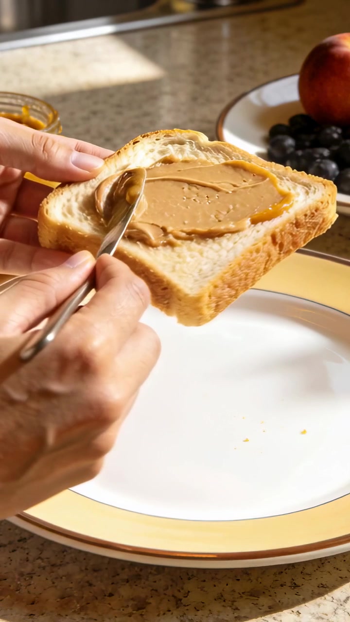 Vertical video: Hands lifting bread slice spreading nut butter with knife on countertop as snack