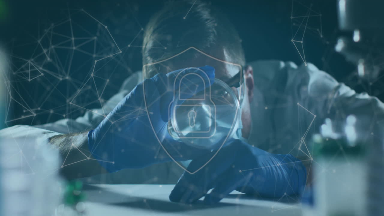 Male scientist examining glass container in technology lab, projecting network nodes and lock icon