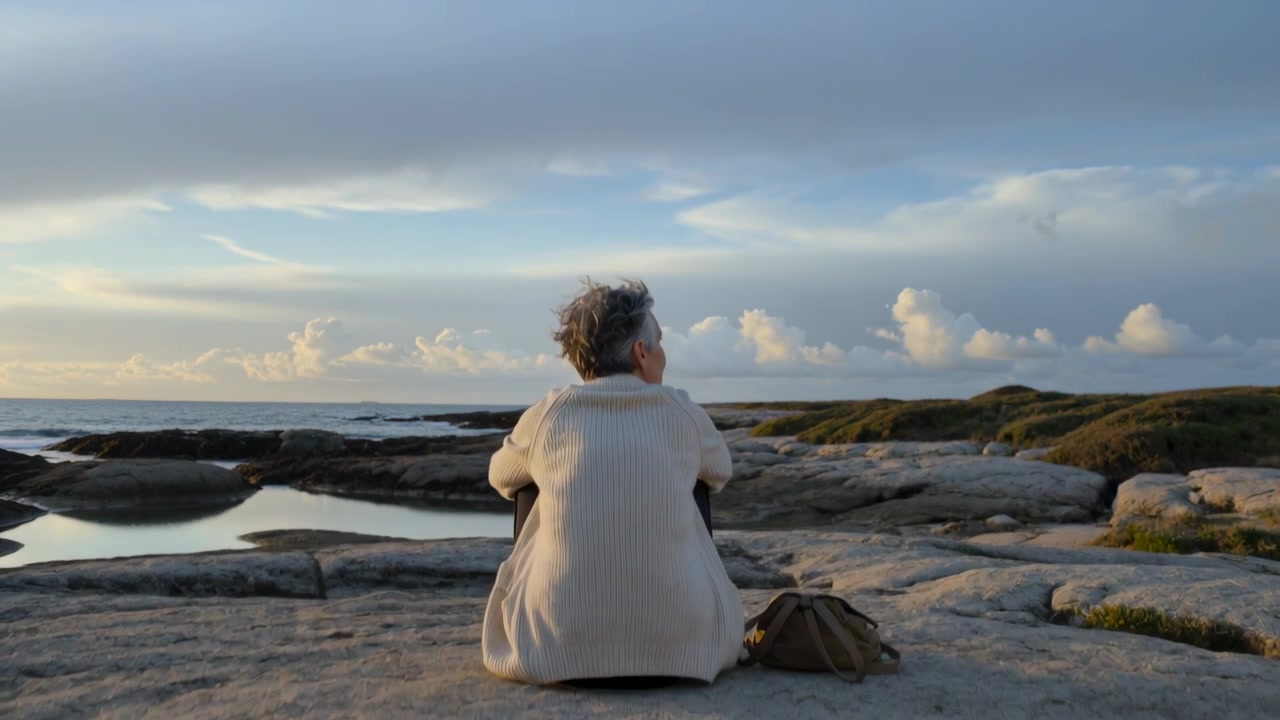 Camera pulling back senior in ribbed top turning head observing tidepools at rocky shore bag right