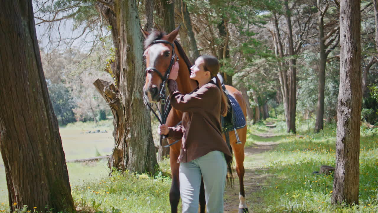 Young woman strolling horse in green park. Relaxed girl looking at brown animal