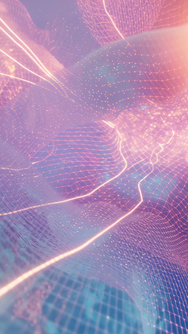 Vertical video: Starting mesh rippling in 3D scene, neon trails and dots showing wave motion
