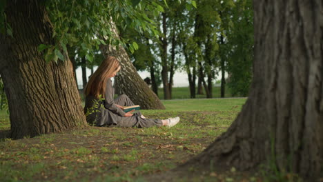 frau in grauen kleidern sitzt im freien unter einem baum und liest ein buch mit der hand auf der seite und dem ausgestreckten bein. der hintergrund zeigt grün und eine verschwommene darstellung von jemandem, der in der ferne geht.