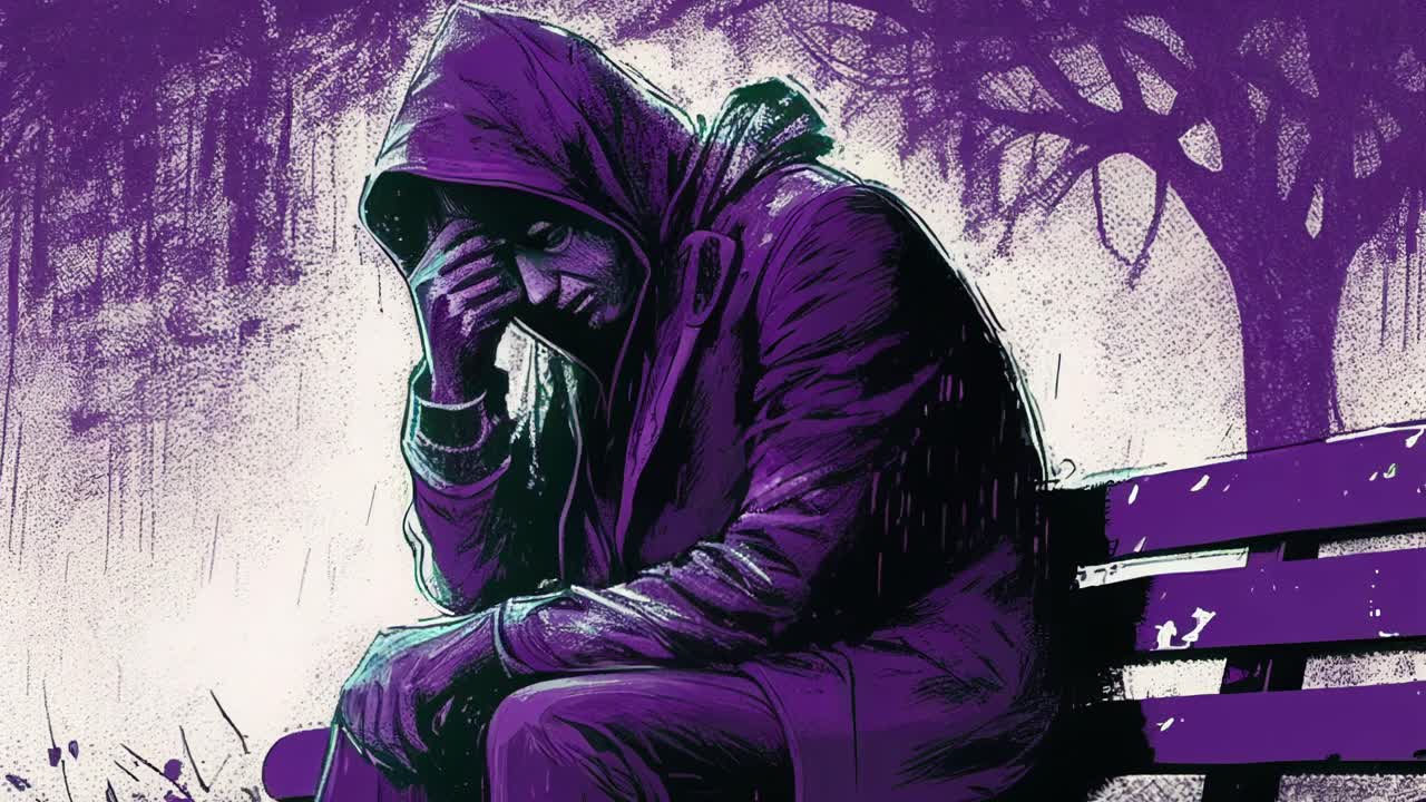 animación de un hombre deprimido y solitario sentado en un banco del parque