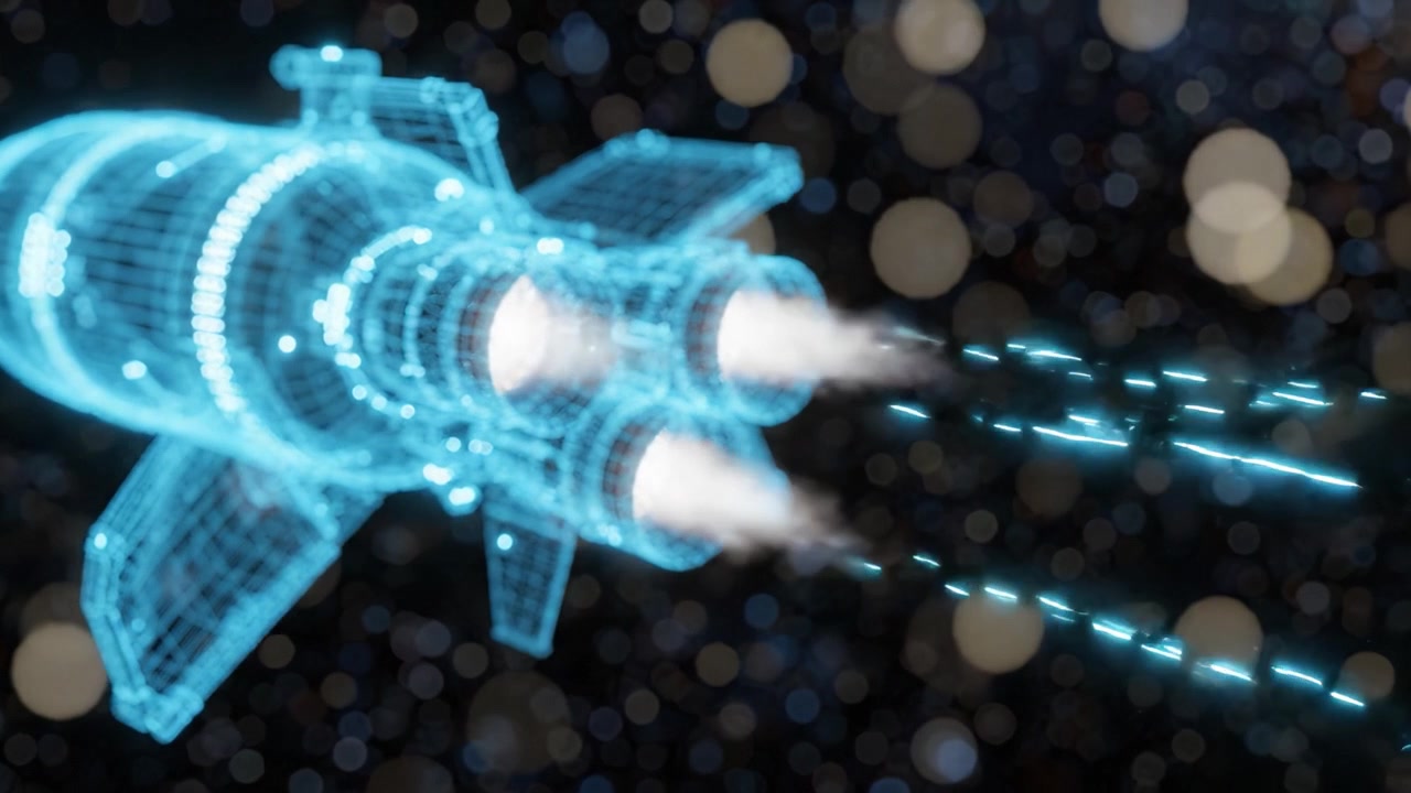 A Futuristic Digital Rocket Propelling Through a Starry Cosmos with Glowing Energetic Trails and a High-Tech Holographic Design, Captured in Two Dynamic Frames