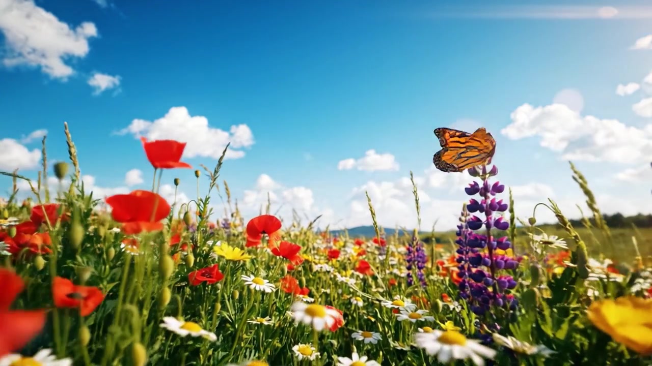 A Vibrant Spring Landscape Filled with Colorful Flowers Under a Bright Blue Sky with Fluffy White Clouds, Capturing the Beauty of Nature's Flora and Serenity