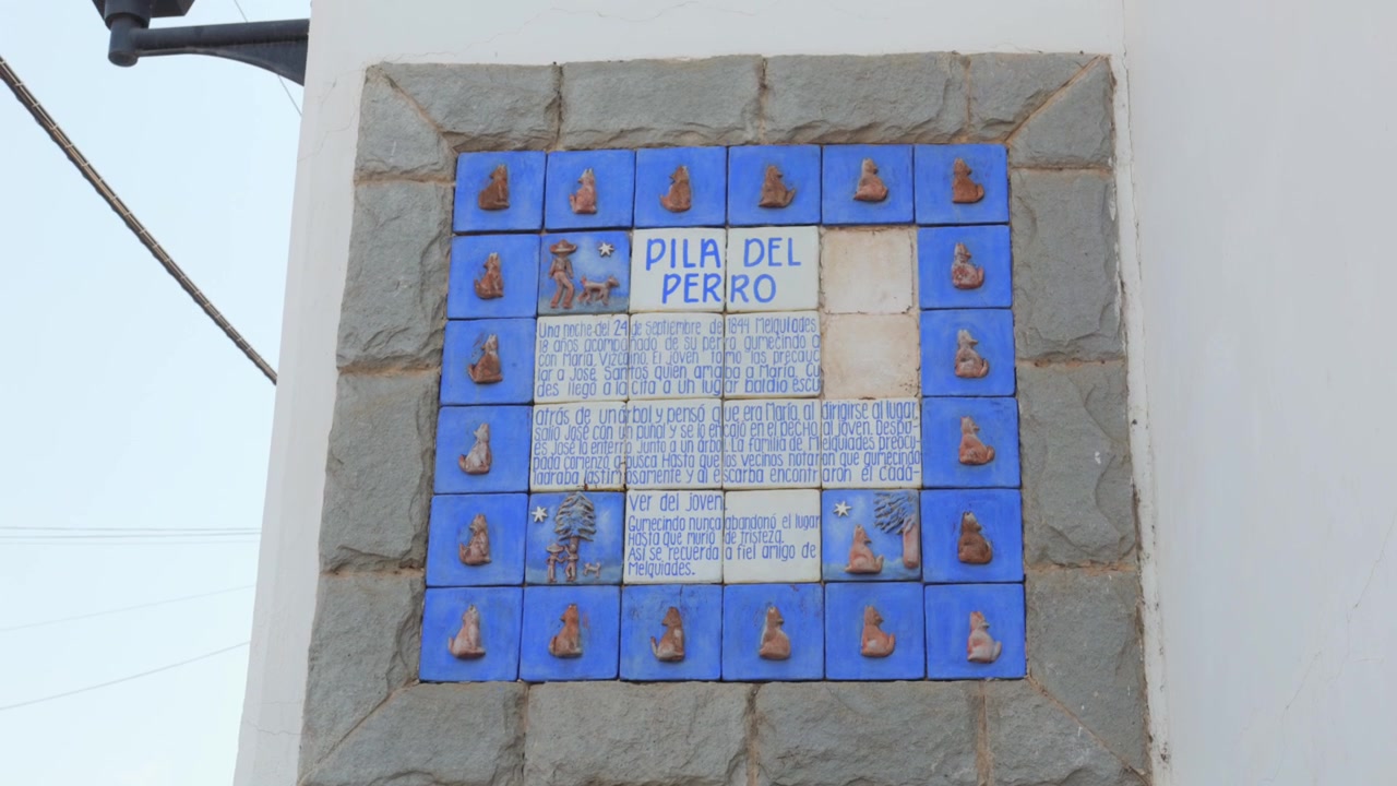 Stenen hondenfountain Pila del Perro met blauw keramisch tegelplaatje in Tapalpa Pueblo Mágico, Jalisco, Mexico. Traditioneel cultureel monument, onthullende opname met tilt-up.