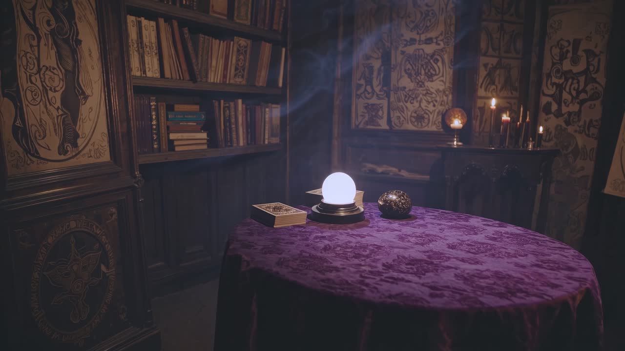 Mystical library scene with a crystal ball on a purple tablecloth
