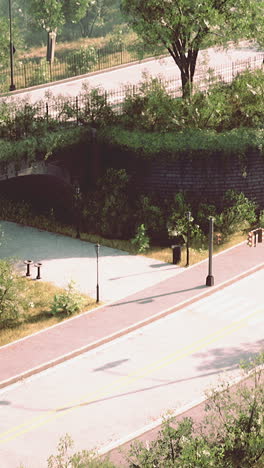 peaceful park scene: overhead view of a city park with roads and greenery