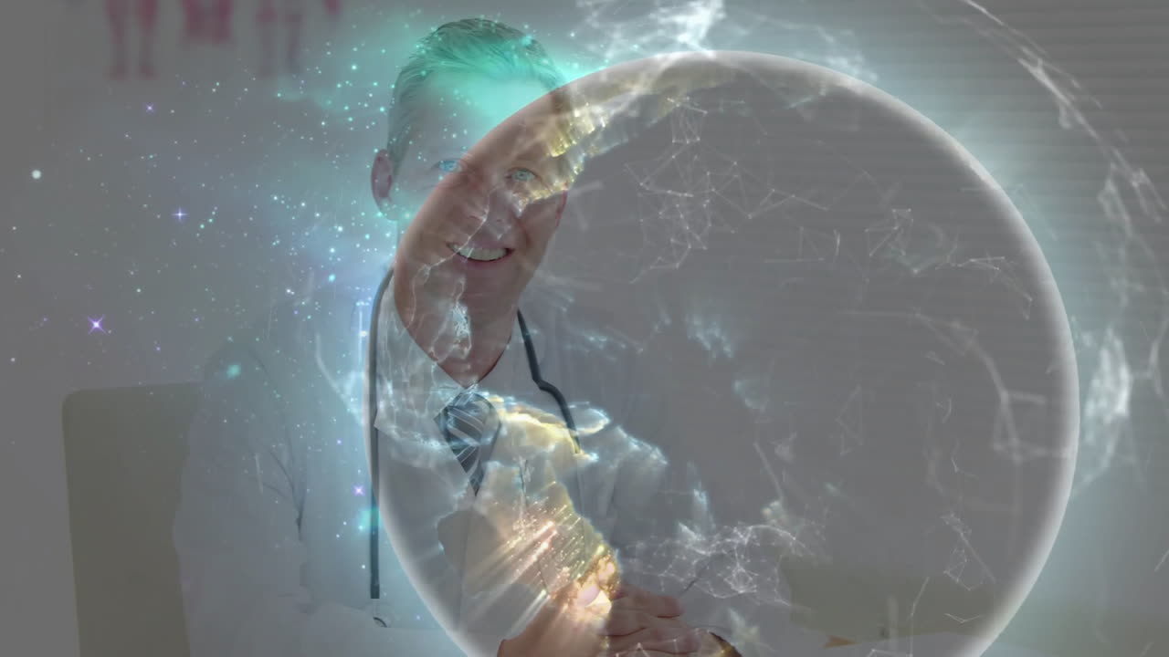 Mature male doctor sitting with stethoscope in clinic office, showing digital globe lines hologram
