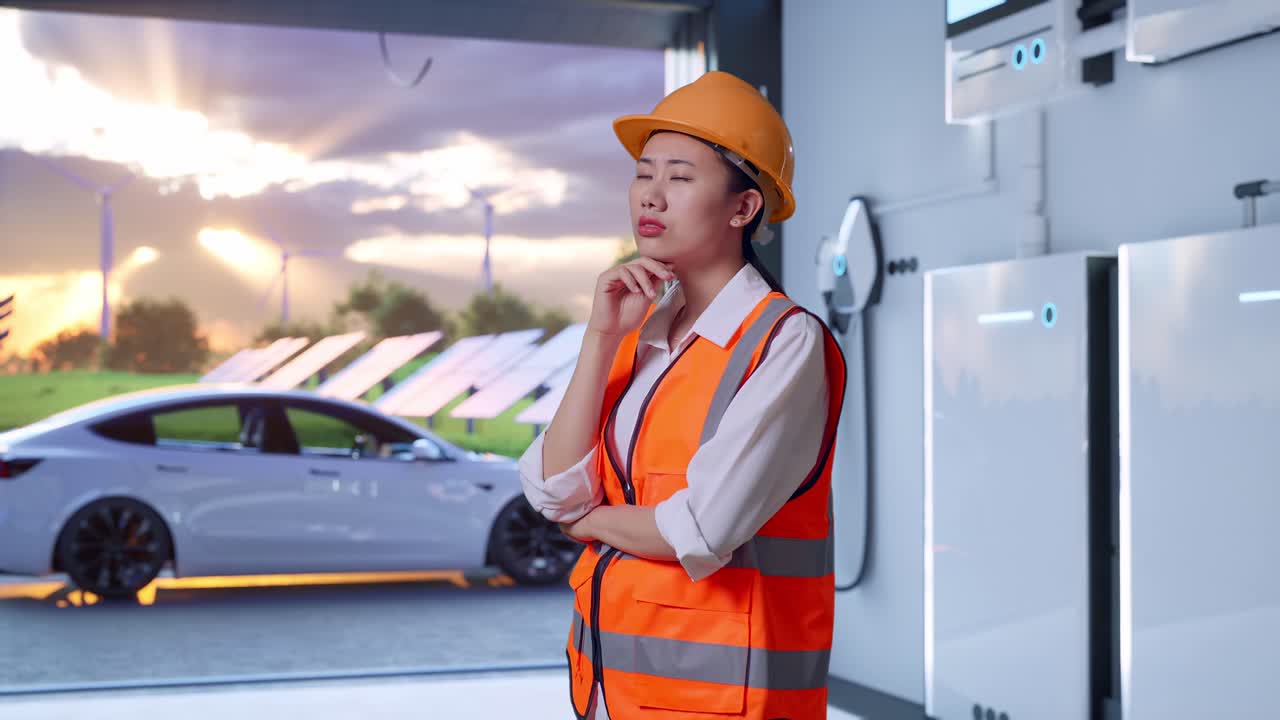 Side View Of Asian Female Engineer With Safety Helmet Thinking And Looking Around Then Raising Her Index Finger With Home Energy Storage System In a Modern Garage