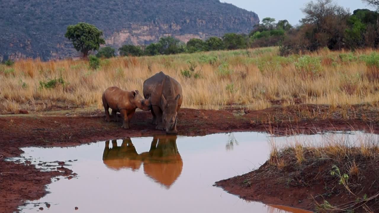 madre rinoceronte negro con su cría bebiendo agua en un abrevadero en sudáfrica - vehículo safari con gente pasando en el fondo - toma amplia